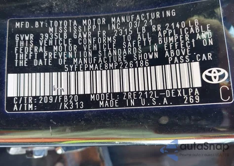 2021 Toyota Corolla Le из США, поврежденный, VIN 5YFEPMAE8MP226186